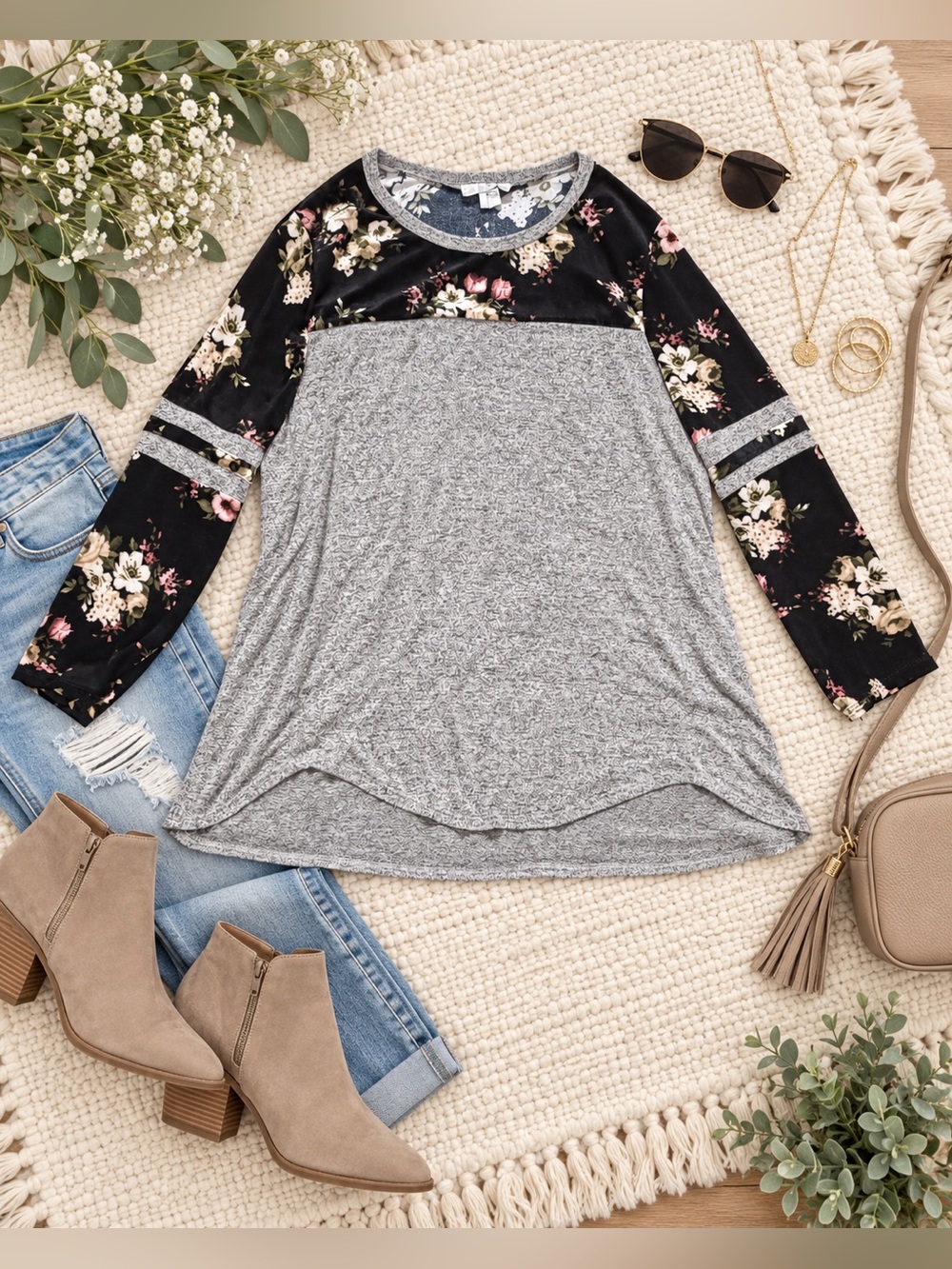 Moa Moa Women’s 2X Gray Floral Long Sleeve Top Mixed Print Varsity Stripe